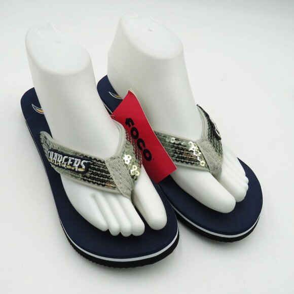 Los Angeles Chargers Flip Flops Womens Size Medium NFL Foodball Sequins Logo New - Picture 1 of 8